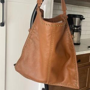 Badgley Mischka cognac pebbled leather studded hobo bag